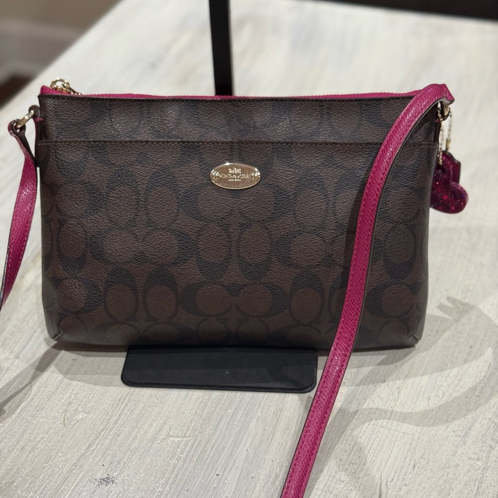 Coach Brown Signature Crossbody with Pink Trim